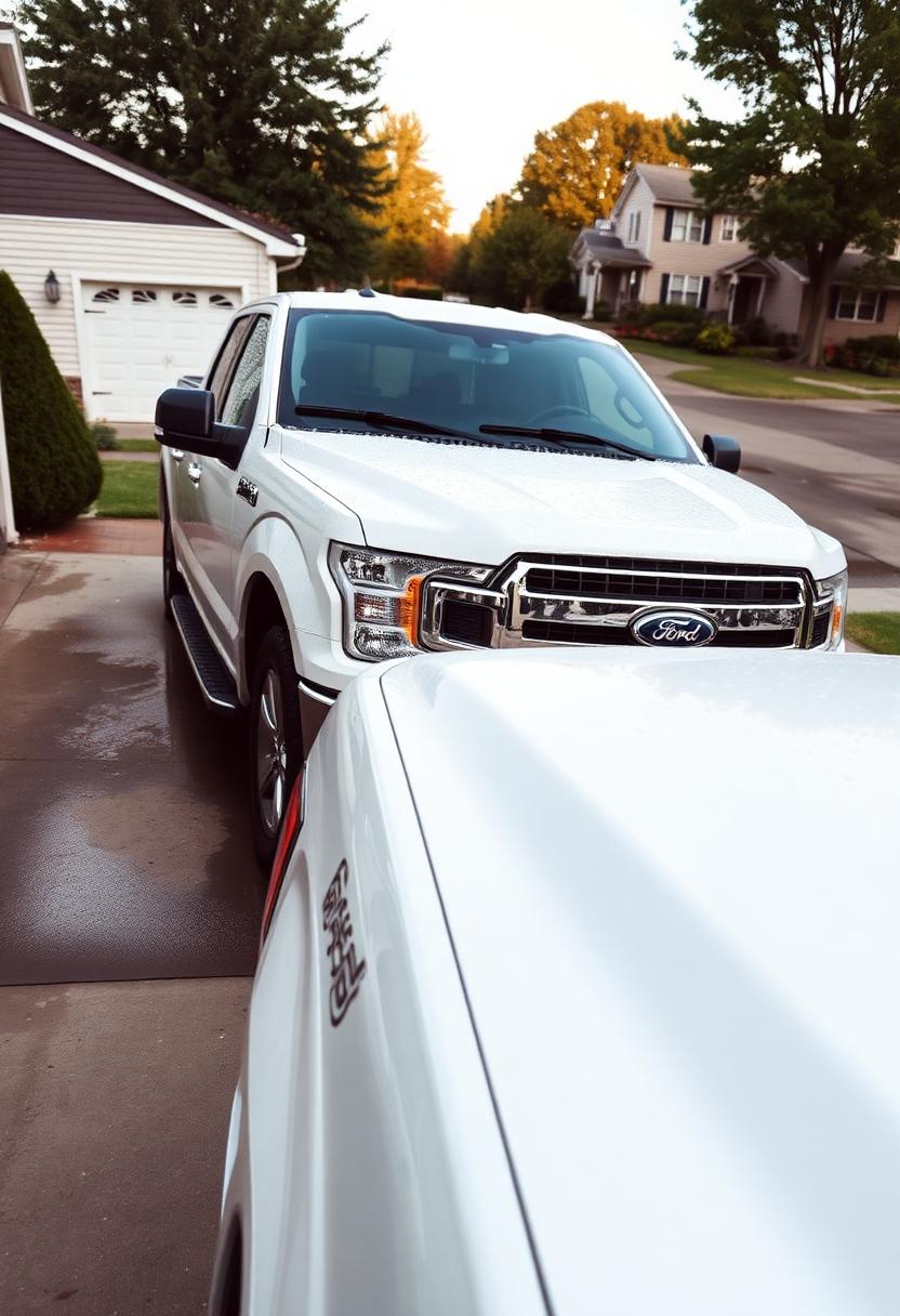 Clean white Ford F-150 in driveway