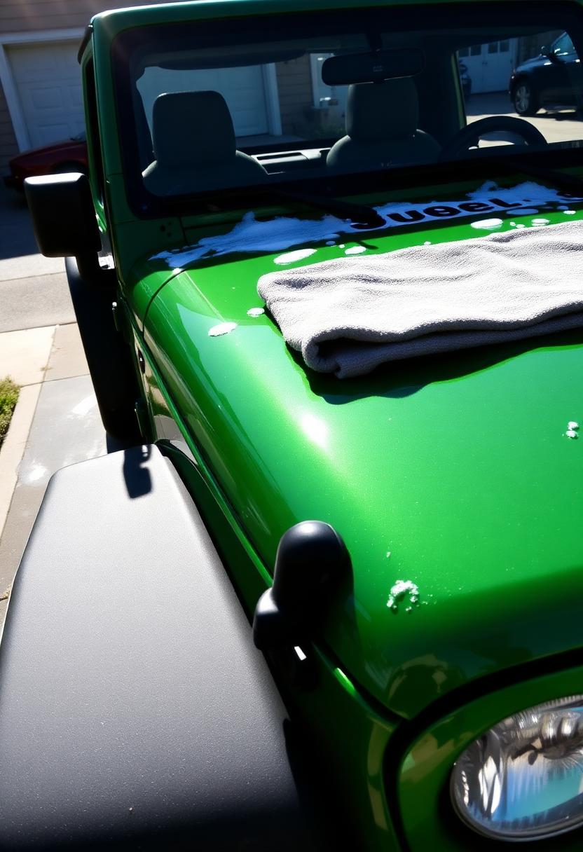Freshly washed green Jeep Wrangler